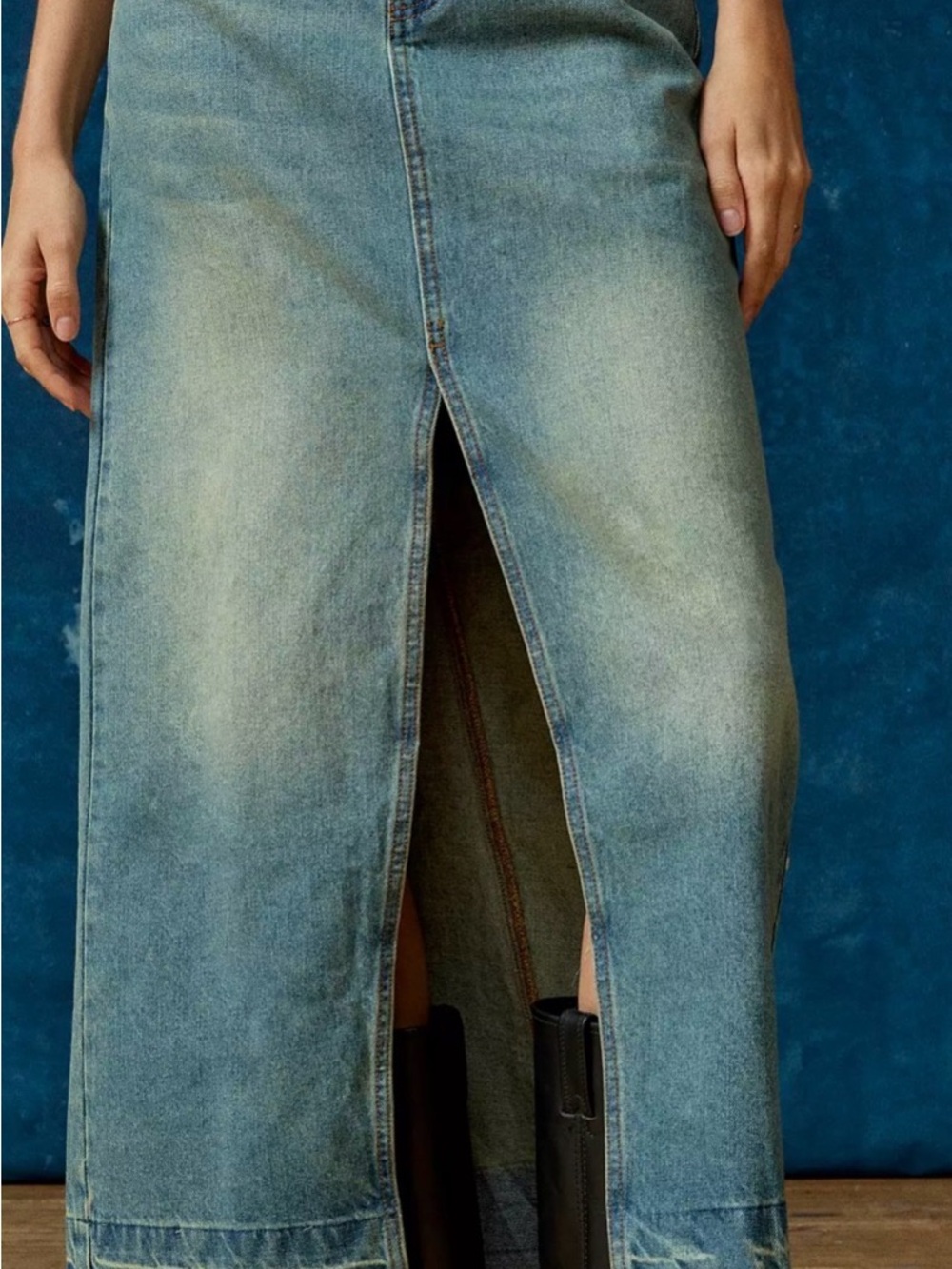BDG Washed Blue Denim Maxi Skirt with Front Slit